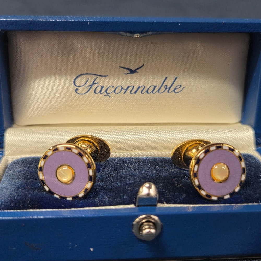 Faconnable Roulette Cufflinks Purple Enamel Gold Tone Navy White Checkered Boxed